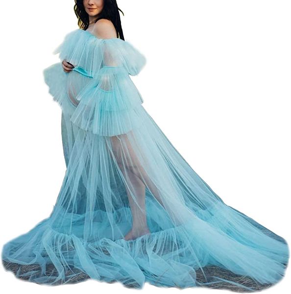 

chic ruffle evening dresses women's tulle robe for p shoot puffy lingerie sheer long maternity bathgown, Black;red