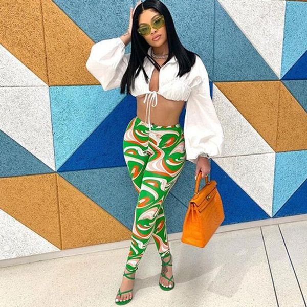 

women's two piece pants women sets deep v lace-up lantern sleeve crop shirt leggings suit fall 2021 fashion party clubwear clothing, White