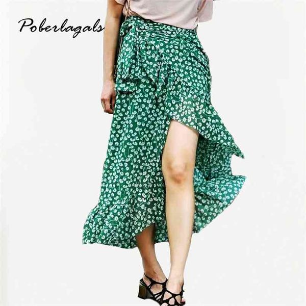 

summer style casual irregularwomen beach boho maxi skirt green floral chiffon printed lotus skirt wrap lace-up skirts 210508, Black