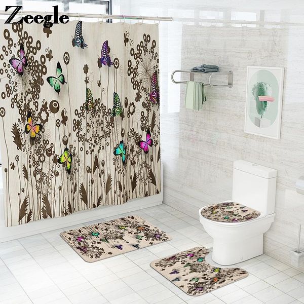 

butterfly print bathroom carpet rug bath mat and polyester shower curtain set absorbent toilet seat cover non-slip foot mats