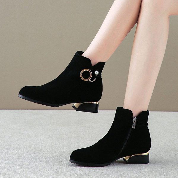 

boots 2021 autumn and winter square heel ladies side zipper ankle plus size 43 velvet women's shoes, Black