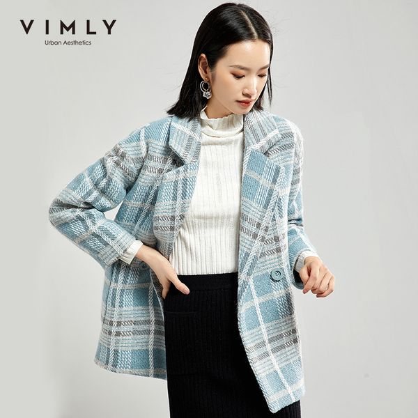 

vimly woolen coat women elegant office lady plaid turn down collar double breasted thick winter casual female overcoat 30090 201224, Black