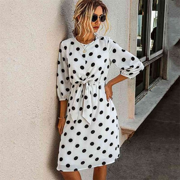 Polka Dot Vintage Sonbahar Kış Elbise Kadınlar Zarif Ilmek Midi Beyaz Siyah Bayanlar Artı Boyutu Vestidos 210427