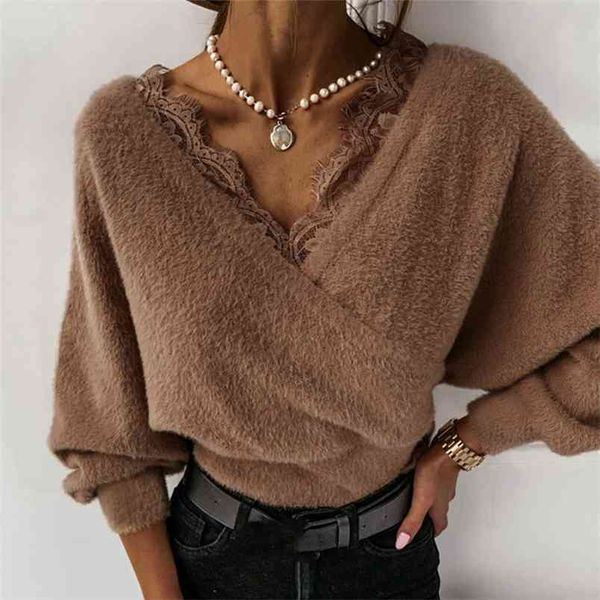 

women sweater spring autumn elegant plush solid color lace splicing v-neck long sleeve stretch ladies fashion wild clothing 210522, White