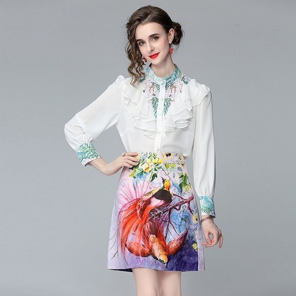 

summer fashion elegant women two pieces sets ruffle long sleeve shirt + print mini skirt set 210531, White