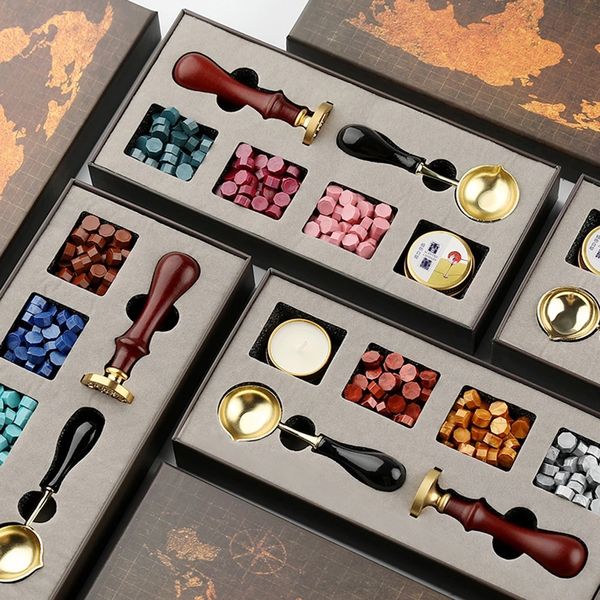 Candele Fire Lacquer Sealing Wax Seal Set Fai da te Custom Stamps Box Kit Busta Wedding Packaging Regali Cartolina