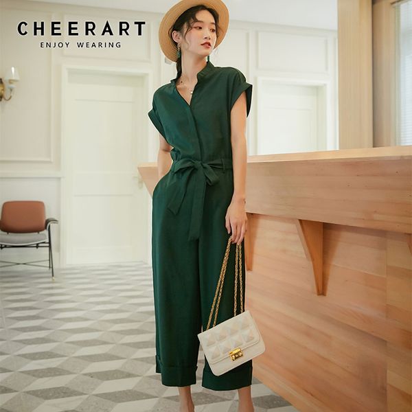 Green Summer Jumpsuit Mulheres Lace Up Button Collared Romper Macacões coreanos para uma peça 210427