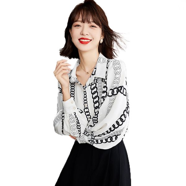 

wholesale ladies elegant white printed blouses vintage lantern long sleeve fashion runway designer women chiffon button casual office shirts