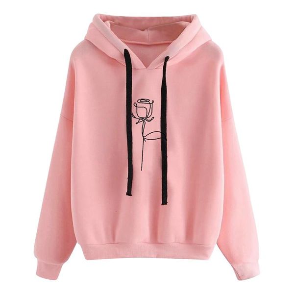 

women's hoodies & sweatshirts korean hoodie women autumn winter rose flower printed drawstring sweatshirt harajuku hooded blouse shirts, Black