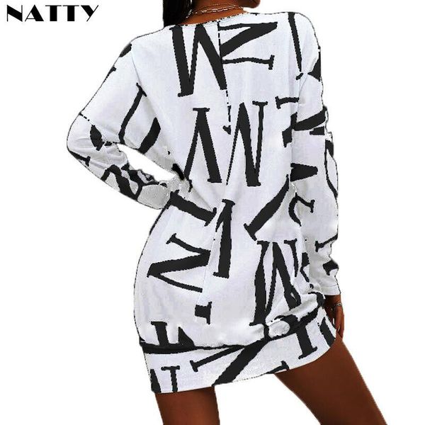

casual dresses spring autumn winter o-neck letter printed long sleeve black and white elegant sheath straight dress character, Black;gray