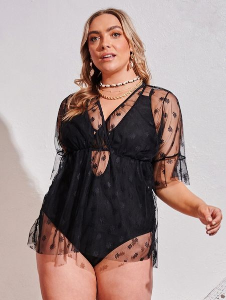 

plus floral mesh cover up q2bq#, Black