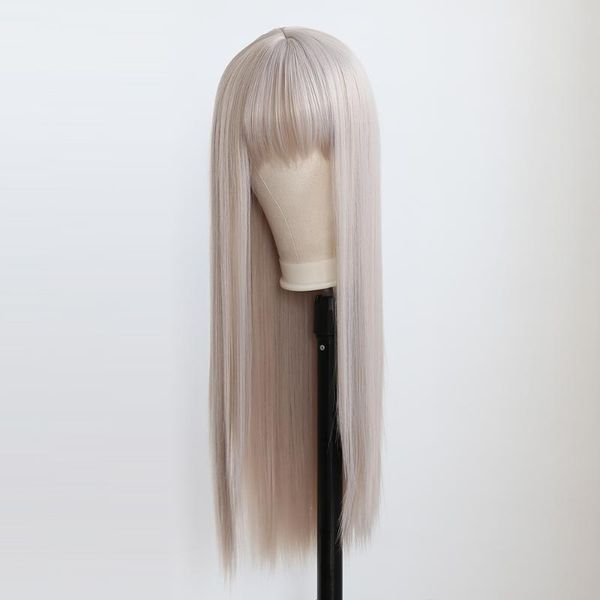

synthetic wigs btwtry silver gray none lace long straight heat resistant hair wig with bangs for women party show, Black