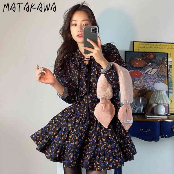 

matakawa stand-up collar femme robe tie loose long sleeves mini dress korean chic pleated floral short dresses for women 210513, Black;gray