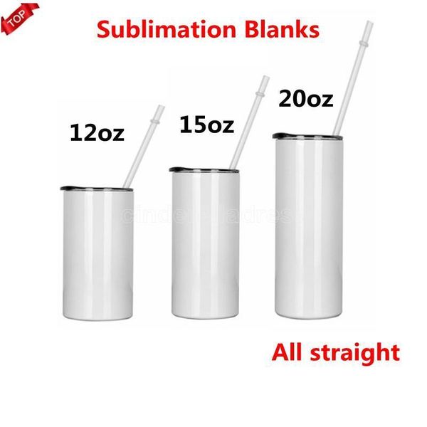 Sublimação de tumblers retos com espaços em branco de palha de tampa 12 15 20 oz xícaras de carro de aço inoxidável copos de viagem de tumbler canecas isoladas garrafas de água