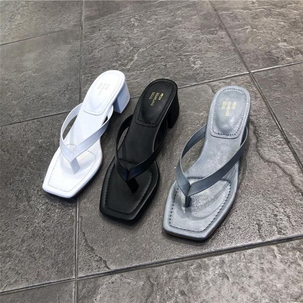 

shoes woman's slippers square toe slides rubber flip flops med 2021 summer hawaiian soft fabric casual pu hoof heels basic rome, Black