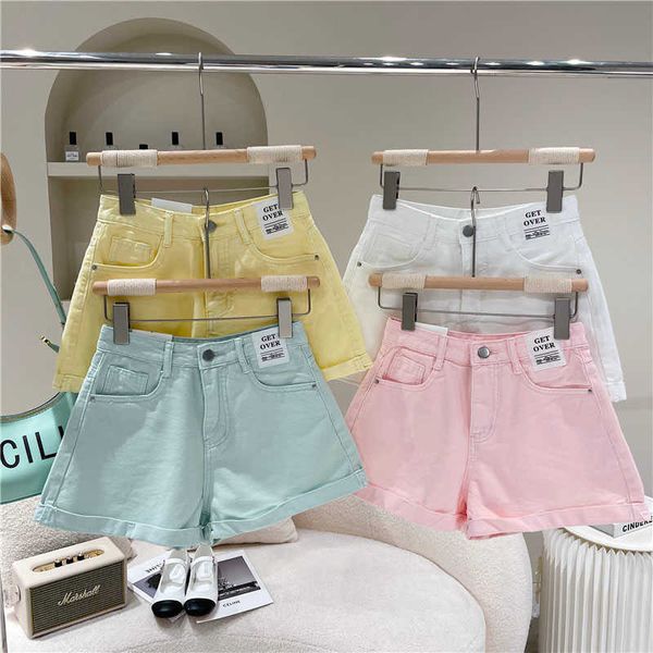 

candy color summer plus size high waist white denim shorts wide leg women loose pantalones cortos de mujer fashion sweet 210610, White;black