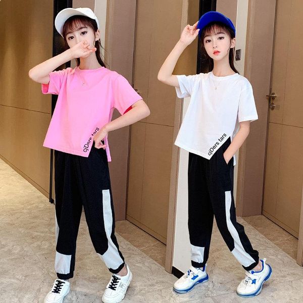 

clothing sets casual kids clothes outfits summer teen girls split t shirt short sleeve +pants two pieces children's tacksuits, White