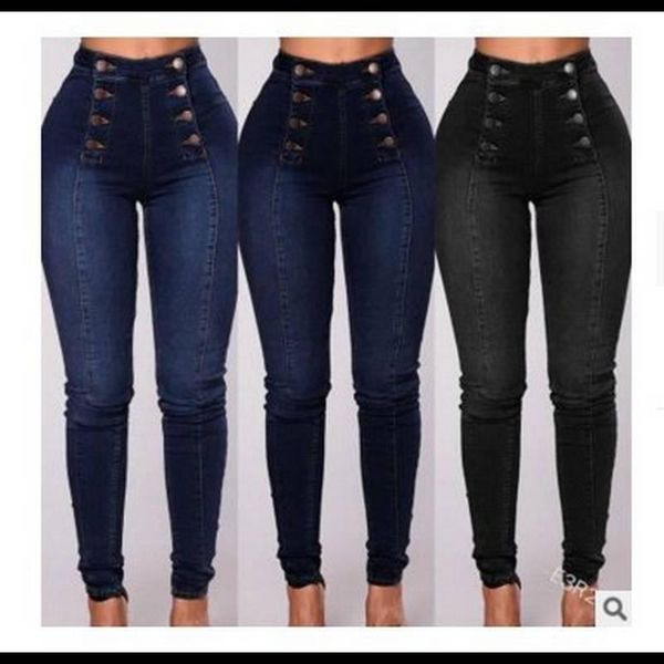 

women's jeans cross border european and american high waist casual pants amazon trend double row multi button slim stretch girl, Blue