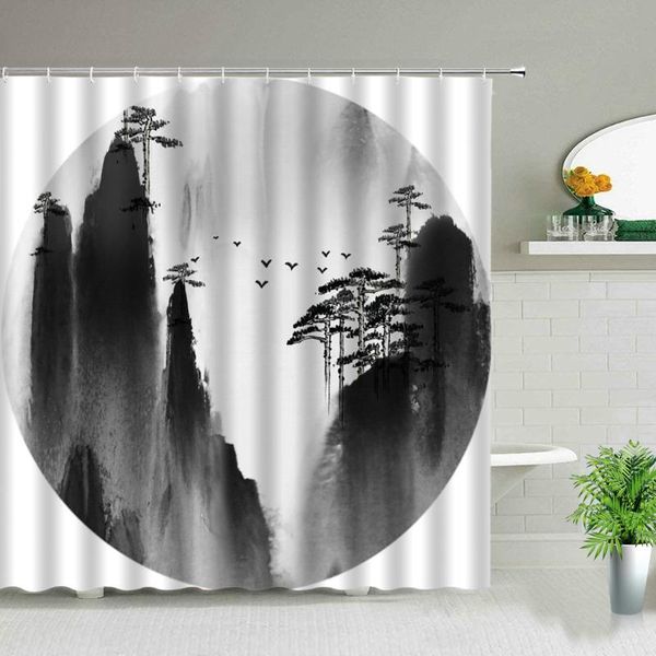 

chinese style ink painting landscape shower curtain flower dragonfly scenery bird fish bath screen bathroom hanging curtains