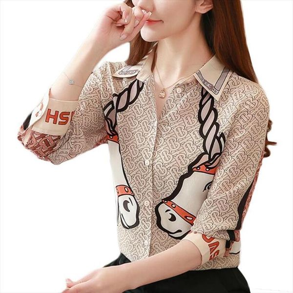 

chiffon long sleeve fashion womens shirts cartoon print korean office plus size camisas mujer, White