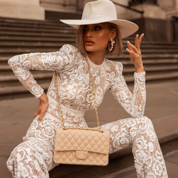 

spring women red sequins bandage jumpsuits o neck long sleeve& full pants club party casual rompers 210423, Black;white