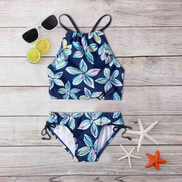 

one-pieces children girls bikini set 2021 beach two-pieces swimming suit summer halter kids floral swimwear swimsuit bandage bathing, Black