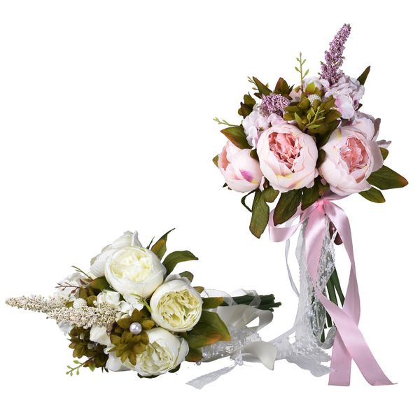 Bouquet da sposa artificiale Sposa Fiori da sposa Foglia verde Nastro Fiocco-nodo Romantico Buque De Noiva 2 colori Bianco Rosa W5561