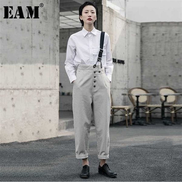 

[eam] high waist geay button split joint leisure trousers overalls loose fit pants women fashion spring autumn 1r5860 211115, Black;white
