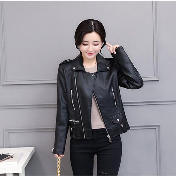 

women's leather & faux autumn winter women black slim cool lady pu jackets sweet female zipper femme outwear coat short jack q23k
