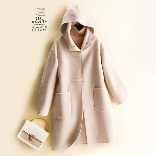 

women's wool & blends 100% trench coat with hoodie for women winter woolen jacket outerwear horn button female, Black