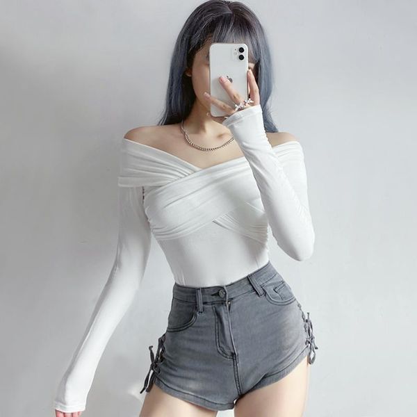 

women's t-shirt women cross front bardot long sleeved top, White