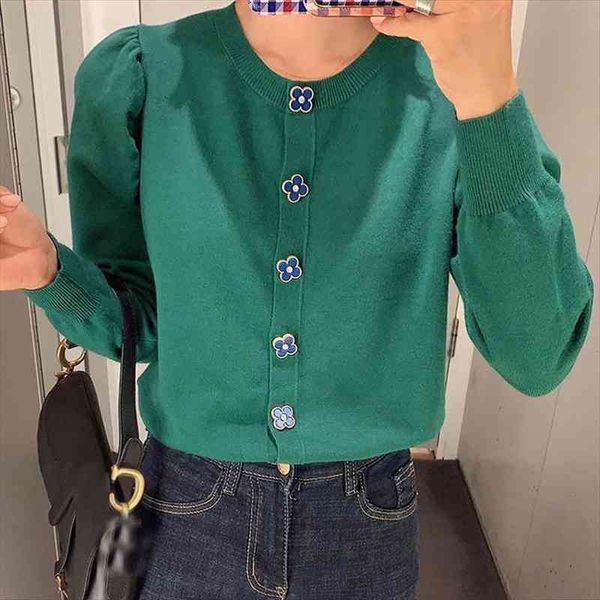 

chic button puff sleeve korean womens sweaters style women cardigan gilet femme manche longue tricot crop sweater autumn harajuku black, White;black