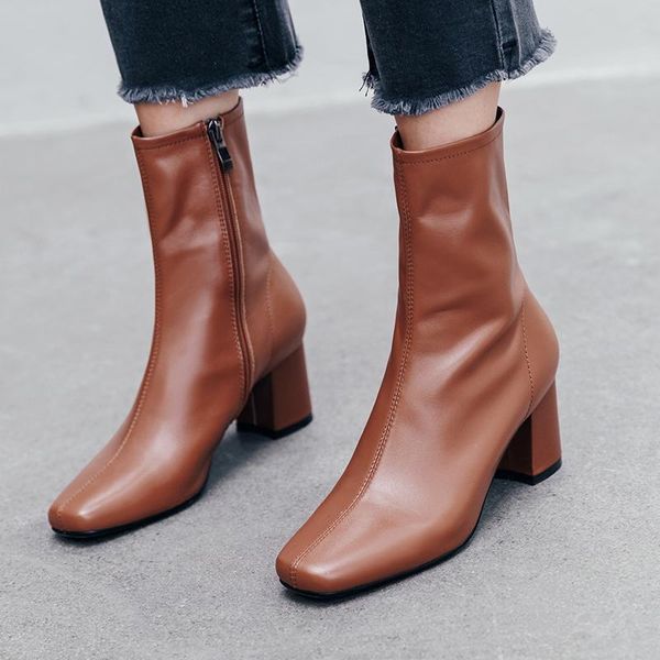 

boots natural leather women ankle layer cowhide pigskin lining outdoor booties woman solid color side zipper, Black