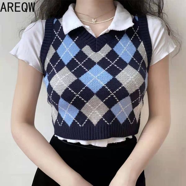 

net red american retro pullover v-neck rhombic knitted vest women's college style sleeveless 210507, White