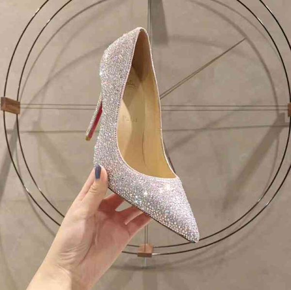 

red bottom high heels for woman party shoes thin rhinestones glitter leather ladies pumps dress shoe wedding shoes, Black