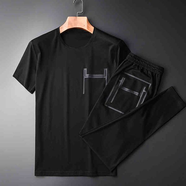 

tracksuit shirt summer short-sleeved sets (t-shirts + ) hight quality slim casual printed t-shirts 2pices black pants -3xl 4xl, Gray