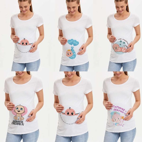 

pregnancy shirt maternity cute baby print o-neck short sleeve t-shirt pregnant mama clothes baby announcment tshirt x0527, White