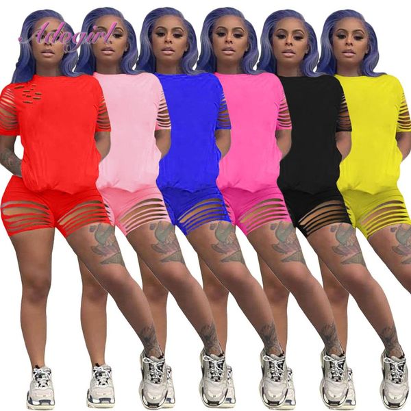 

women tracksuit 2 piece set casual solid hole hollow out corp t-shirt bikers pants suit female joggers outfit matching set, White;black