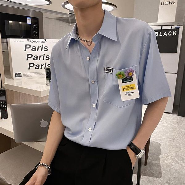 

men's casual shirts solid color labeling for men short sleeve shirt 2021 summer loose fashions camisas para hombre oversized, White;black