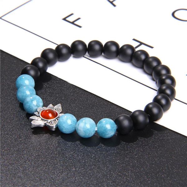 

beaded, strands charm handmade natural stone lotus buddha beads bracelet black blue zebra for women men yoga jewelry gifts