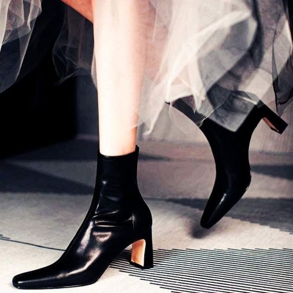 

boots elegant punk goth women's genuine leather ankle block high heel square toe party pumps shoes 34 35 36 37 38 39 40, Black