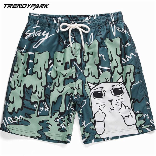 

men's short funny cartoon cat printed summer hip hop oversize pockets streetwear harajuku sweatpant drawstrings casual shorts 210601, White;black