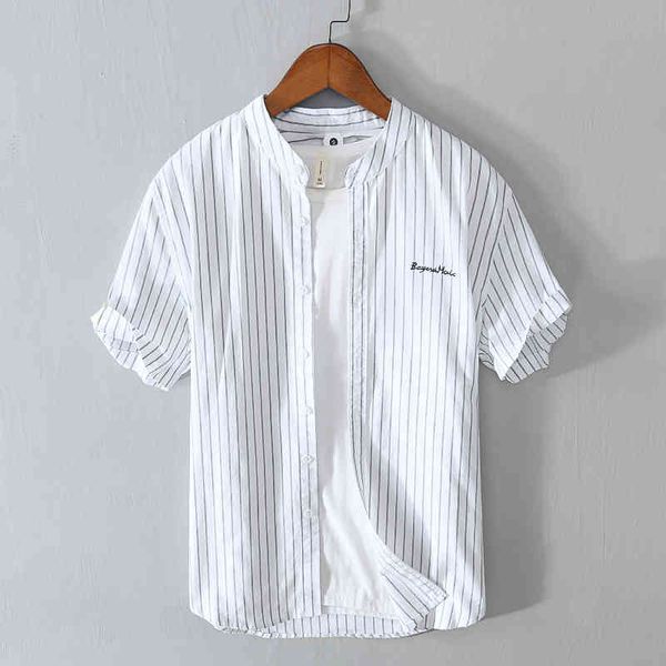 Kurzarm Gestreifte Hemden für Männer Sommer Reine Baumwolle Japanische Mode Tops Männlich Casual Brief Stickerei Weiß Retro Kleidung 210421