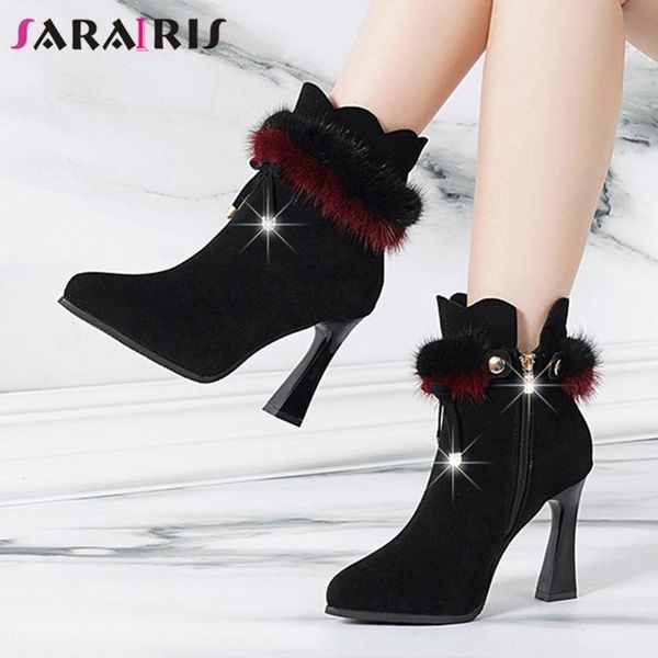 

boots sarairis fashion female 2021 party autumn ankle women pointed toe thick high heels zipper shoes woman, Black