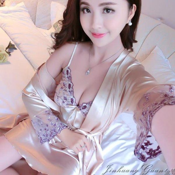 

pajamas women's spring and autumn silk long sleeve lace seductive suspender nightgown two piece suit sleepwear, Black;red