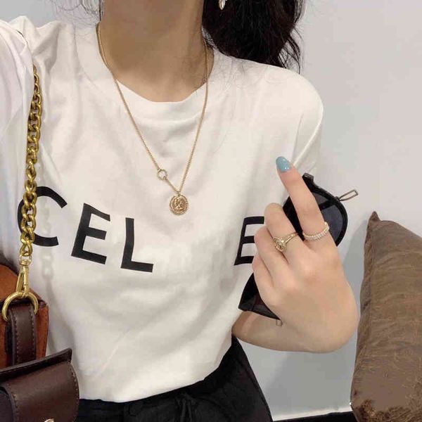 

2022 factory wholesale new cel letter print trendy short sleeve t-shirt women's summer loose round neck pullover simple casual bottom s, White