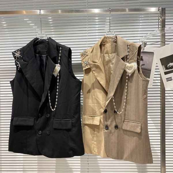 

women's vests love pin diamond chain nail bead suit vest women 2021 autumn small fragrance coat, Black;white