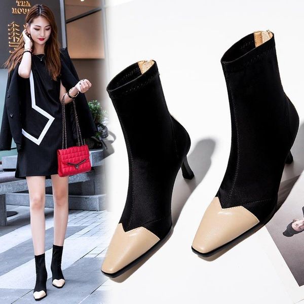 

boots short women's 2021 autumn and winter square toe thick high-heeled elastic net red socks, Black