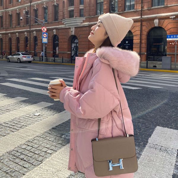 

down jacket women's year's winter loose medium and long large hairy collar white duck down thickened warm fashion coat, Black