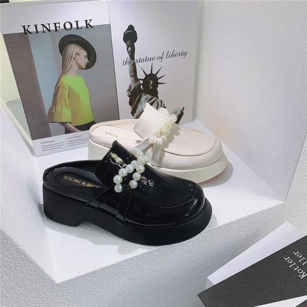 

sandals 2021 fashion women pearl decoration slippers closed toe medium heels slides summer ladies all-match commute style, Black